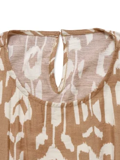 Discount Retro Stage 1970s Pure Cotton Round Neck Boho Midi Dress Khaki