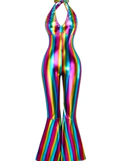 Outlet Retro Stage 1970s Colorblock Disco Halter Jumpsuit Rainbow