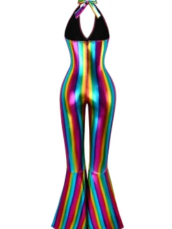 Outlet Retro Stage 1970s Colorblock Disco Halter Jumpsuit Rainbow
