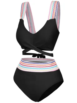Clearance Retro Stage 1940s Rainbow Lace-Up Patchwork Strap Bikini Set