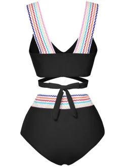 Clearance Retro Stage 1940s Rainbow Lace-Up Patchwork Strap Bikini Set