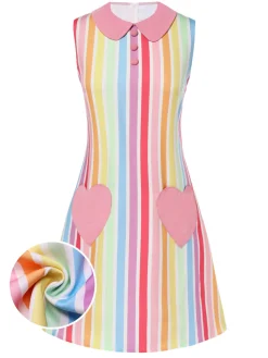 New Retro Stage 1960s Rainbow Stripe Heart Pocket Dress Multicolor