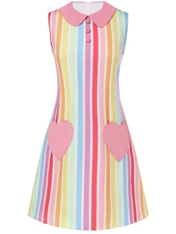 New Retro Stage 1960s Rainbow Stripe Heart Pocket Dress Multicolor