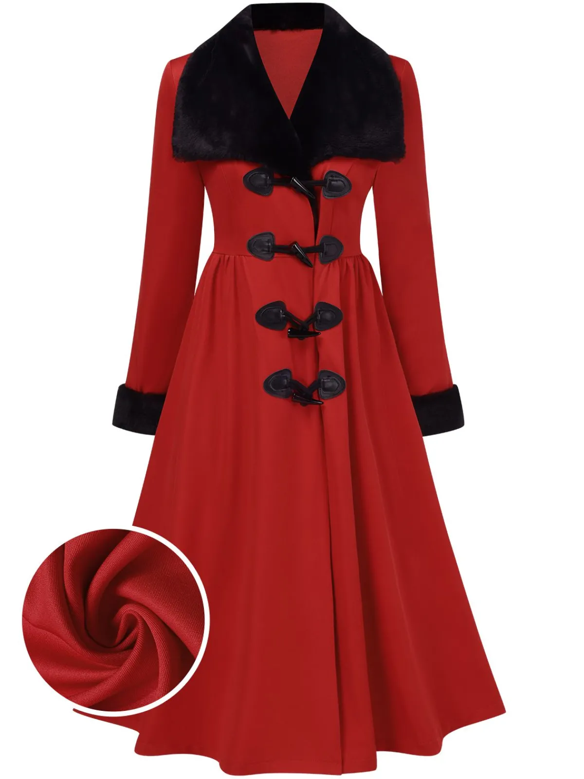 Discount Retro Stage 1950s Red And Black Fur Collar Coat
