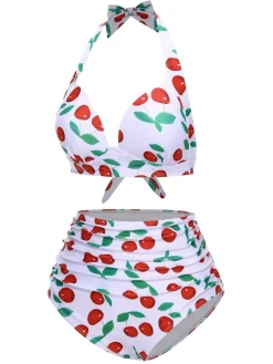 Fashion Retro Stage 1930s Red Cherry Ruched Halter Bikini Set