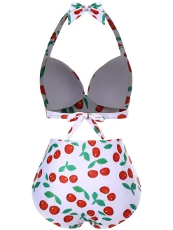 Fashion Retro Stage 1930s Red Cherry Ruched Halter Bikini Set