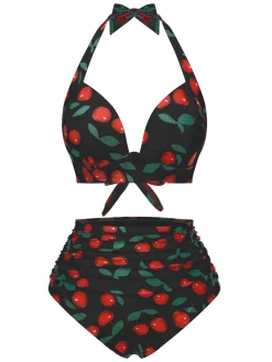 Fashion Retro Stage 1930s Red Cherry Ruched Halter Bikini Set