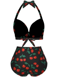 Fashion Retro Stage 1930s Red Cherry Ruched Halter Bikini Set