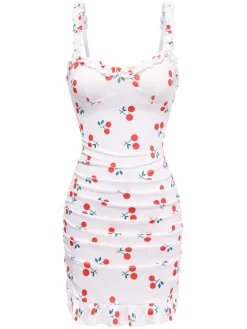 Online Retro Stage 1960s Red Cherry Ruffled Hem Straps Nightgown