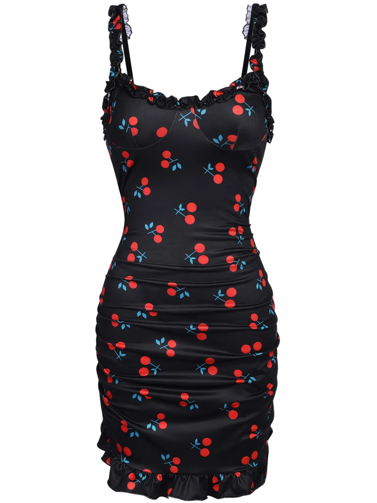 Online Retro Stage 1960s Red Cherry Ruffled Hem Straps Nightgown
