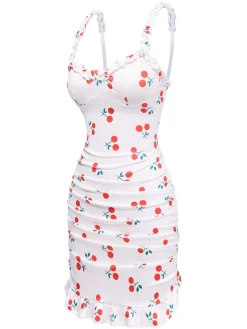 Online Retro Stage 1960s Red Cherry Ruffled Hem Straps Nightgown