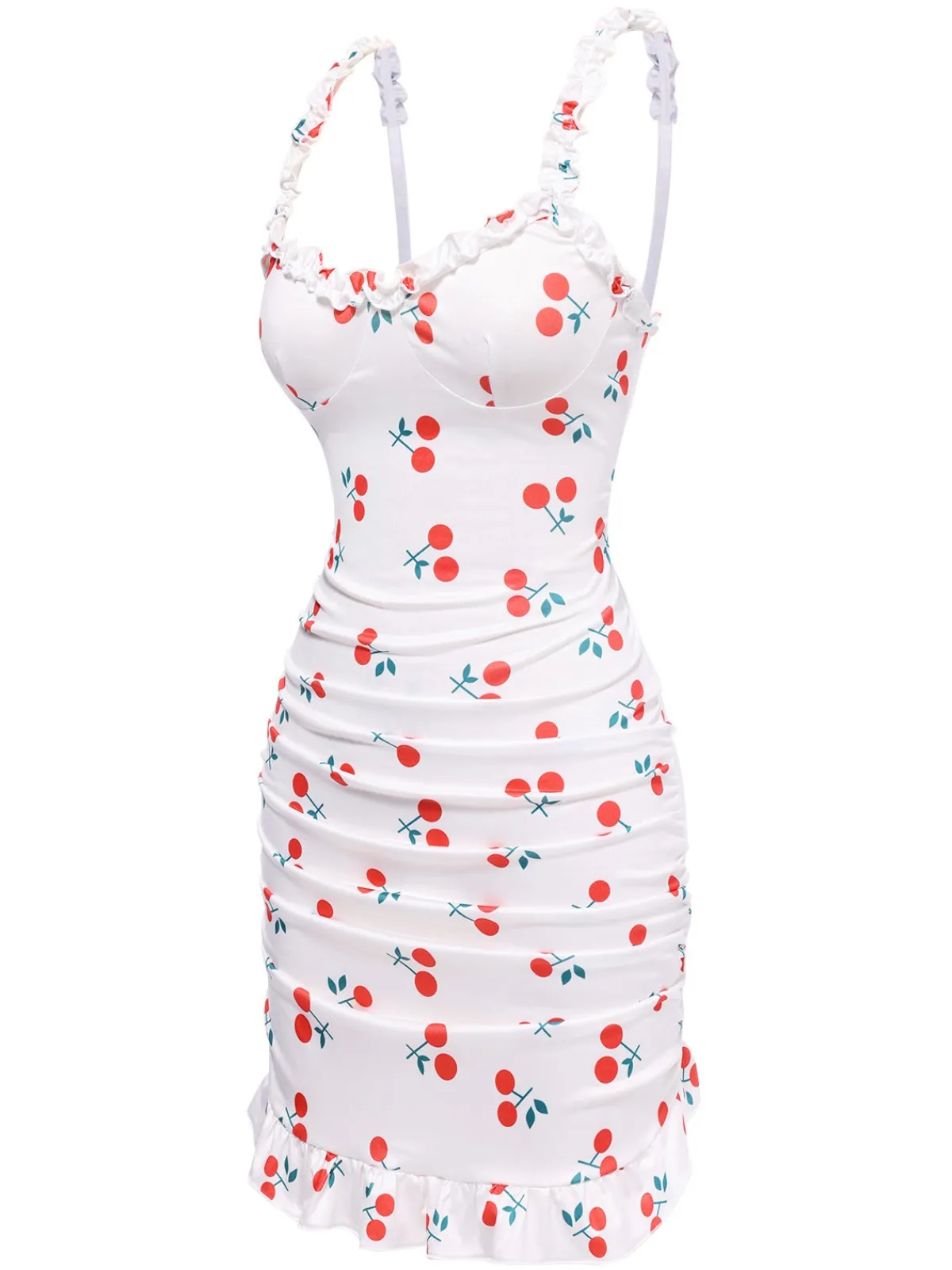 Online Retro Stage 1960s Red Cherry Ruffled Hem Straps Nightgown
