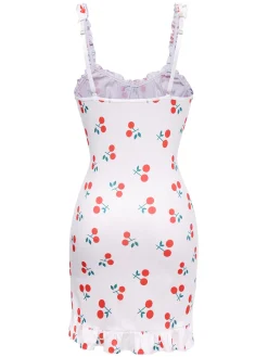 Online Retro Stage 1960s Red Cherry Ruffled Hem Straps Nightgown