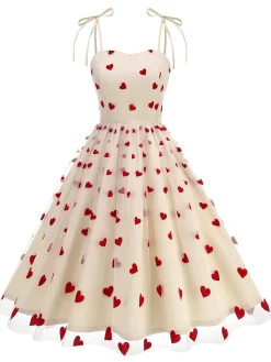 Discount Retro Stage 1950s Red Heart Mesh Patchwork Suspender Dress