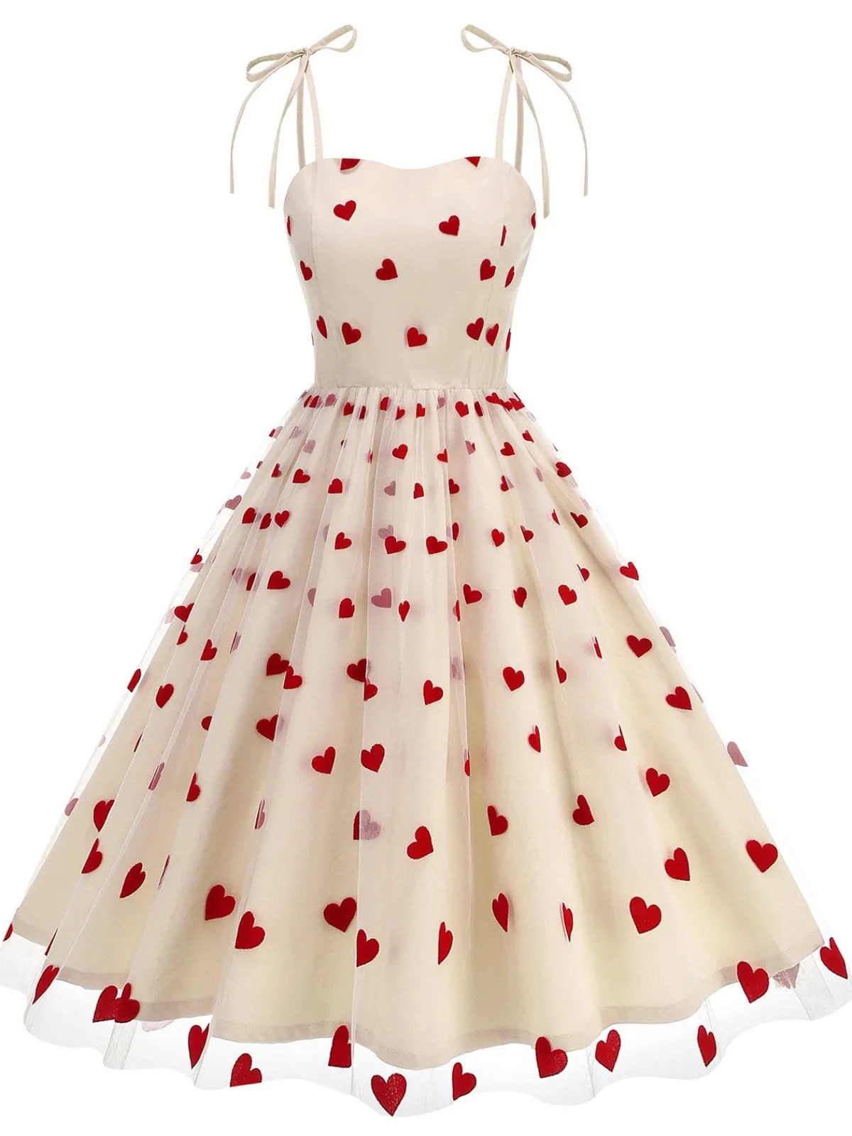 Discount Retro Stage 1950s Red Heart Mesh Patchwork Suspender Dress