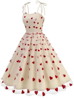 Discount Retro Stage 1950s Red Heart Mesh Patchwork Suspender Dress