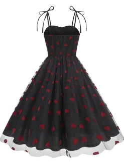 Discount Retro Stage 1950s Red Heart Mesh Patchwork Suspender Dress