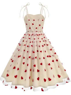 Discount Retro Stage 1950s Red Heart Mesh Patchwork Suspender Dress