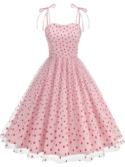 Discount Retro Stage 1950s Red Heart Mesh Patchwork Suspender Dress
