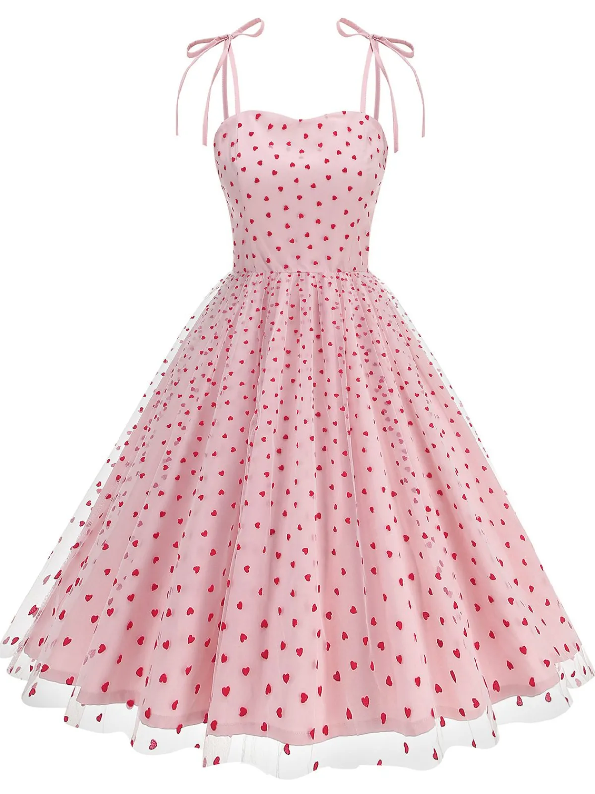 Discount Retro Stage 1950s Red Heart Mesh Patchwork Suspender Dress