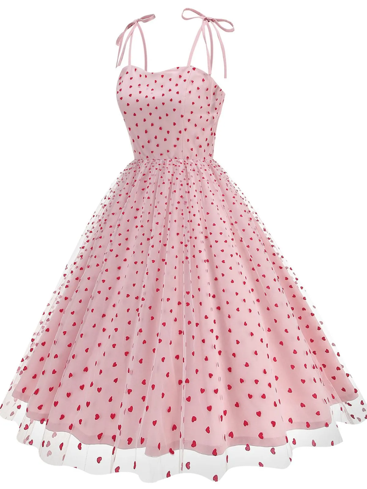 Discount Retro Stage 1950s Red Heart Mesh Patchwork Suspender Dress