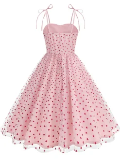 Discount Retro Stage 1950s Red Heart Mesh Patchwork Suspender Dress
