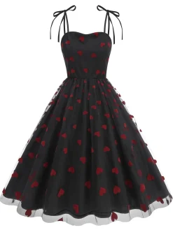 Discount Retro Stage 1950s Red Heart Mesh Patchwork Suspender Dress