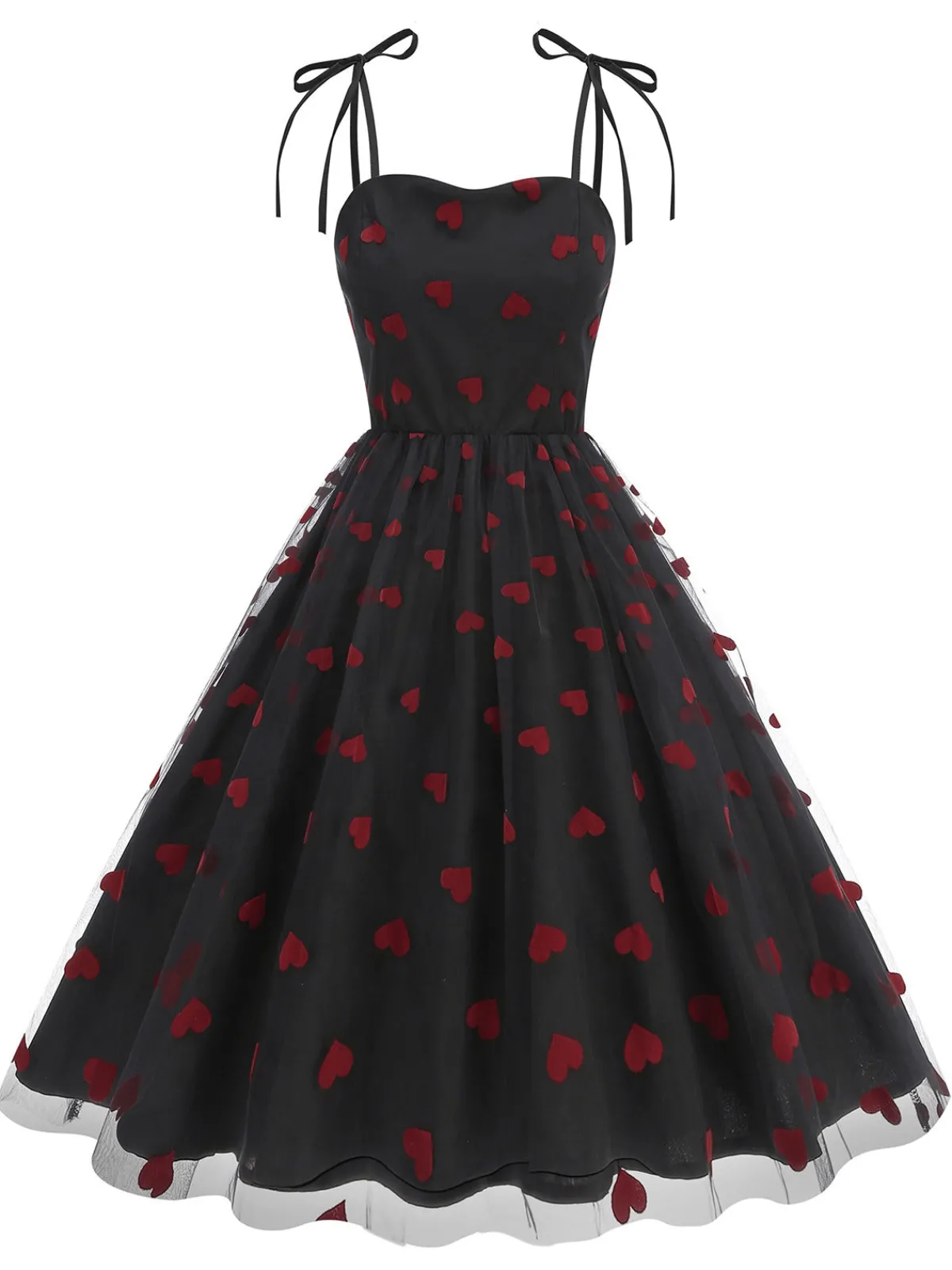 Discount Retro Stage 1950s Red Heart Mesh Patchwork Suspender Dress
