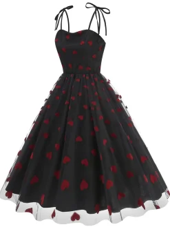 Discount Retro Stage 1950s Red Heart Mesh Patchwork Suspender Dress
