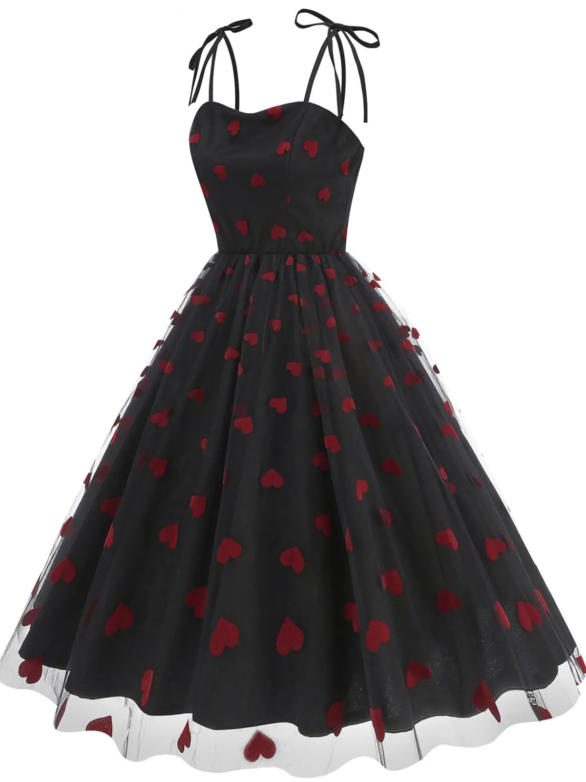 Discount Retro Stage 1950s Red Heart Mesh Patchwork Suspender Dress