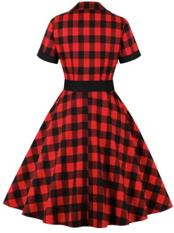 Clearance Retro Stage 1950s Retro Contrast Short-Sleeved Lapel Dress