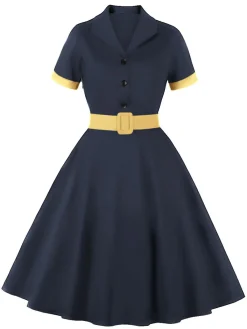 Clearance Retro Stage 1950s Retro Contrast Short-Sleeved Lapel Dress