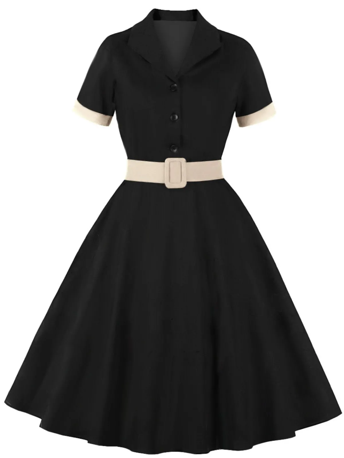 Best Retro Stage 1950s Retro Contrast Short-Sleeved Lapel Dress