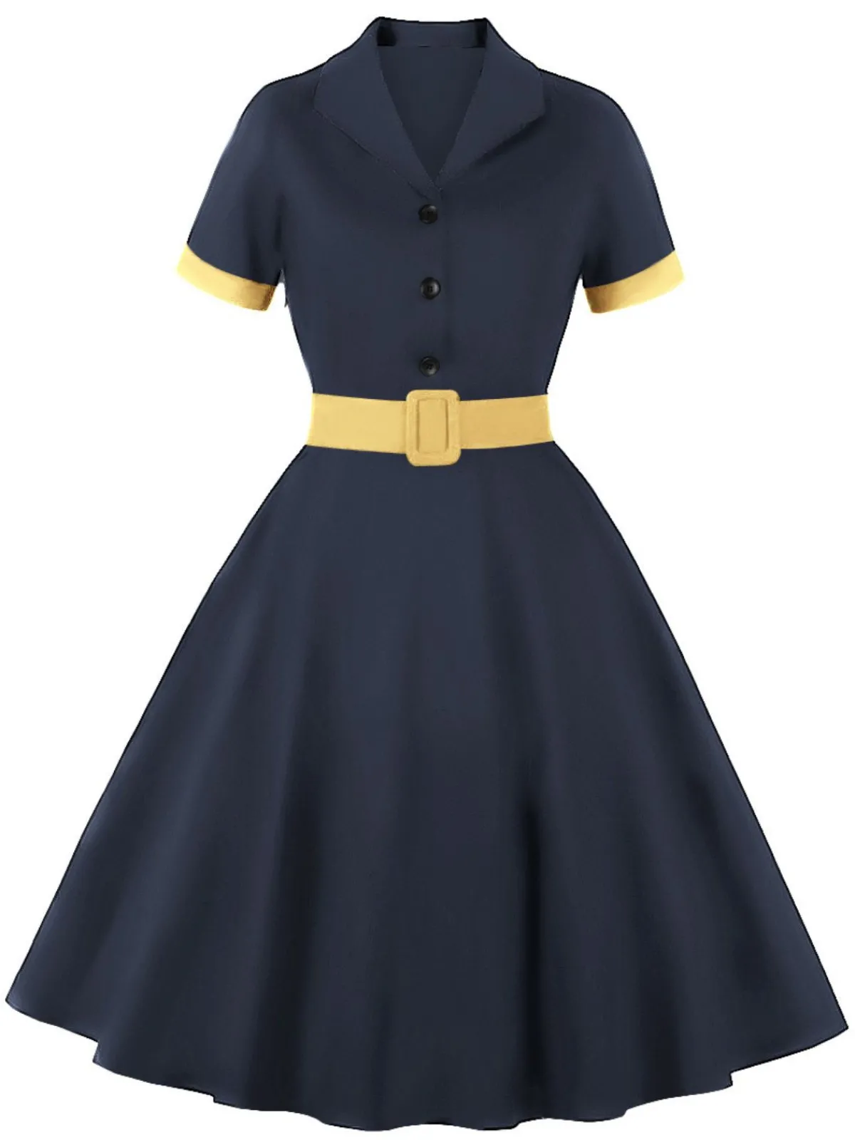 Best Retro Stage 1950s Retro Contrast Short-Sleeved Lapel Dress