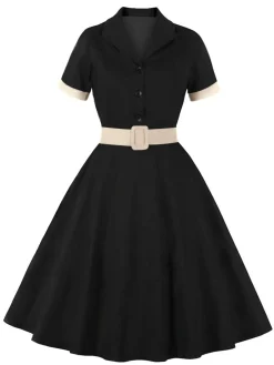 Sale Retro Stage 1950s Retro Contrast Short-Sleeved Lapel Dress