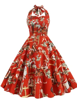 Discount Retro Stage 1950s Retro Pictorial Halter Swing Dress