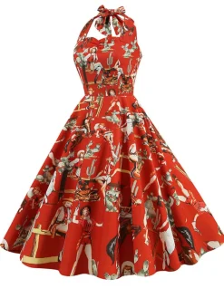 Discount Retro Stage 1950s Retro Pictorial Halter Swing Dress