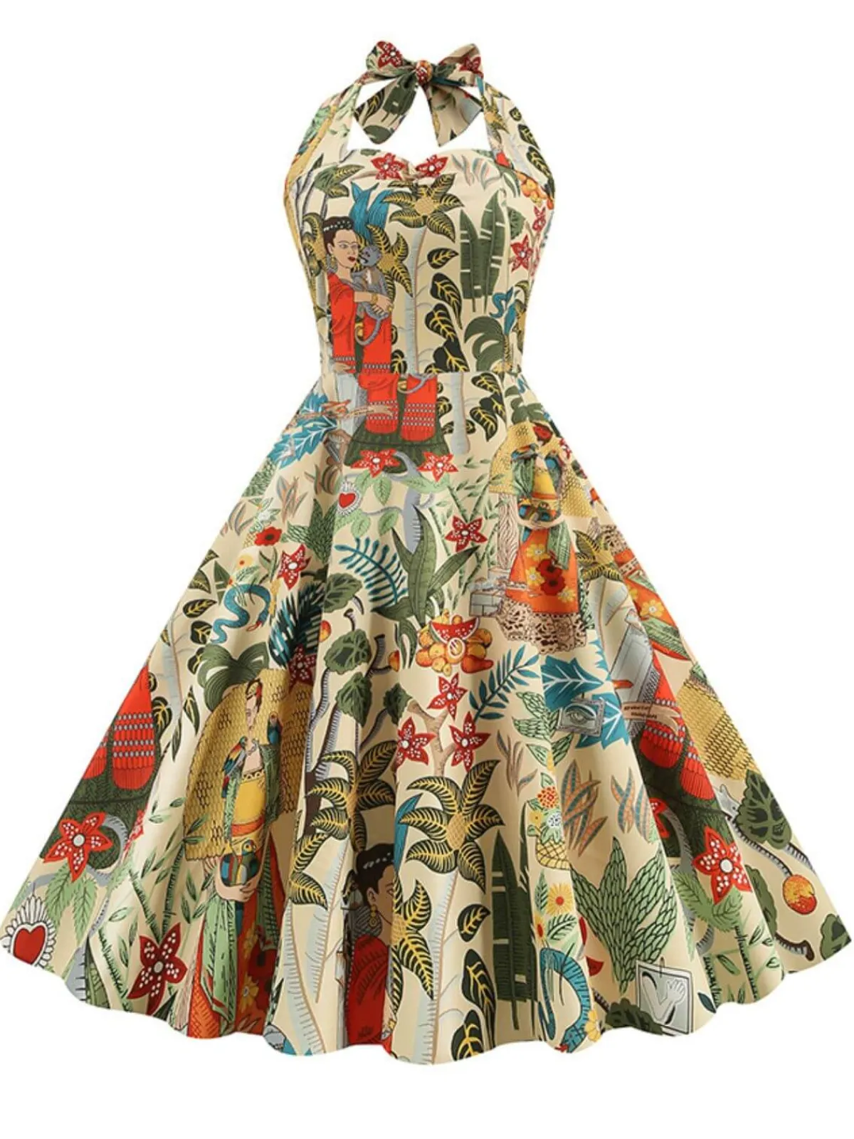Discount Retro Stage 1950s Retro Pictorial Halter Swing Dress