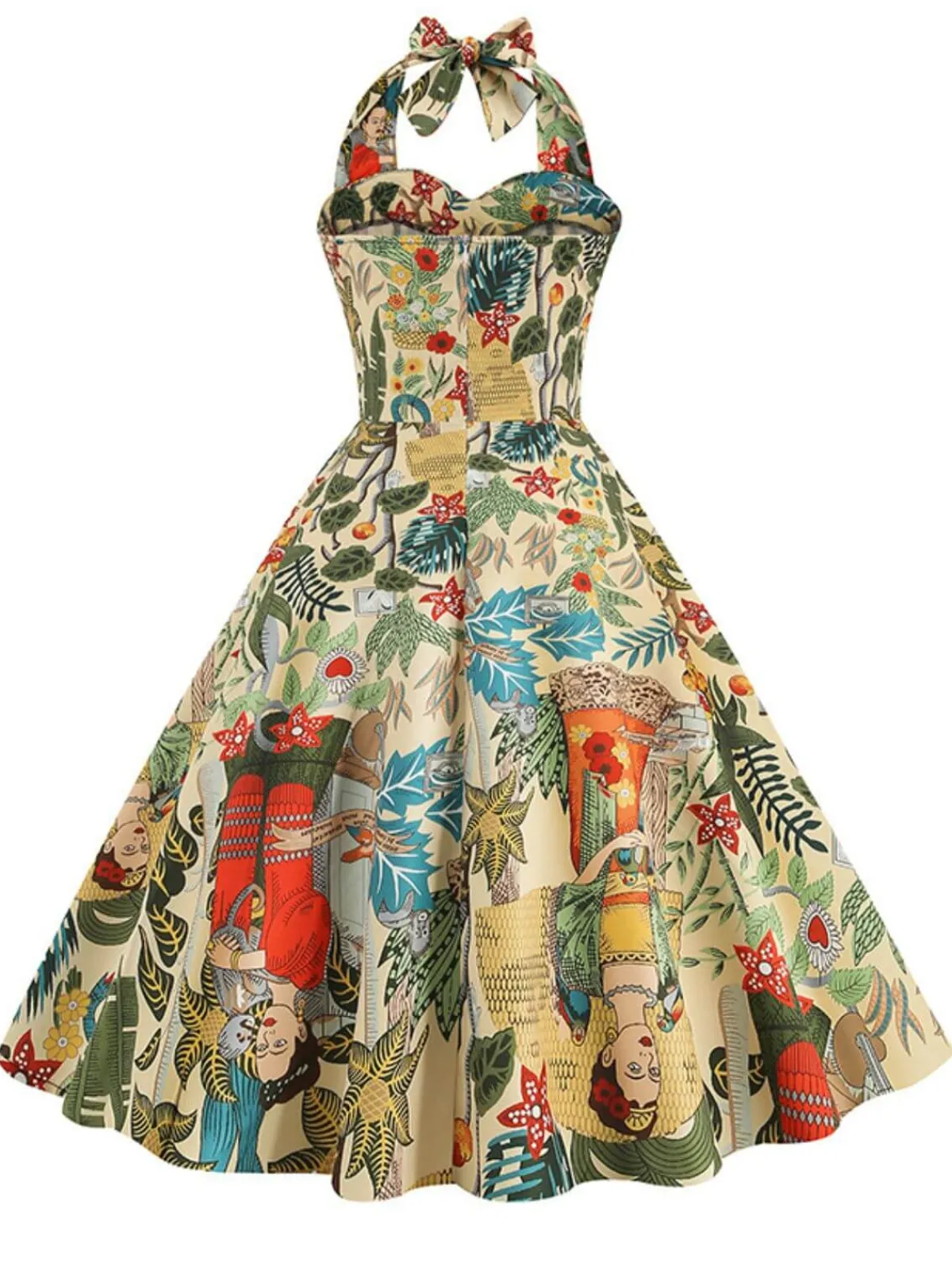 Discount Retro Stage 1950s Retro Pictorial Halter Swing Dress
