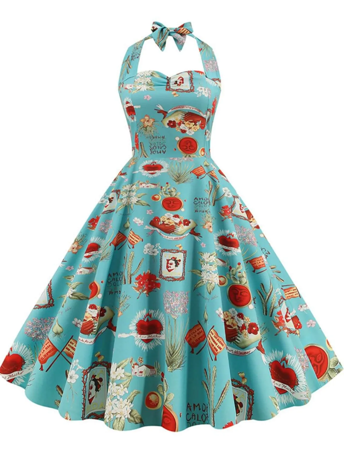 Discount Retro Stage 1950s Retro Pictorial Halter Swing Dress