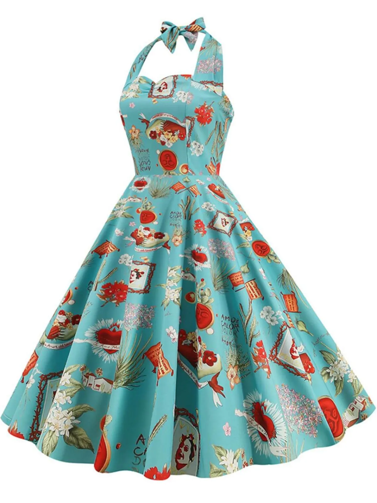 Discount Retro Stage 1950s Retro Pictorial Halter Swing Dress