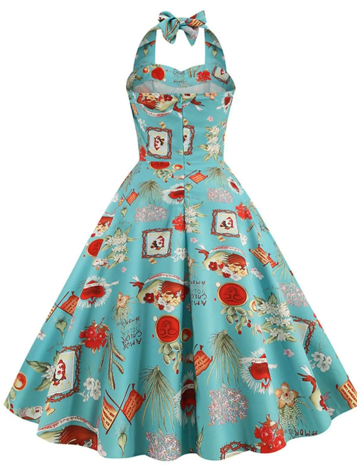 Discount Retro Stage 1950s Retro Pictorial Halter Swing Dress