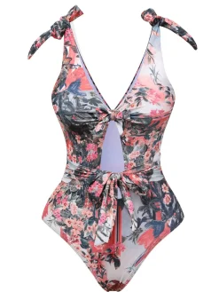 Sale Retro Stage 1940s Retro Pictorial Hollow One-Piece Swimsuit Multicolor