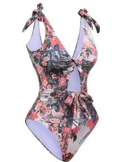 Sale Retro Stage 1940s Retro Pictorial Hollow One-Piece Swimsuit Multicolor