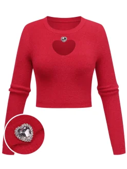 Online Retro Stage 1960s Rhinestones Heart Cutout Knitted Solid Sweater