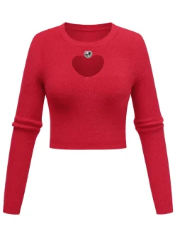 Online Retro Stage 1960s Rhinestones Heart Cutout Knitted Solid Sweater
