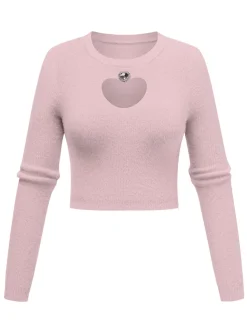 Online Retro Stage 1960s Rhinestones Heart Cutout Knitted Solid Sweater