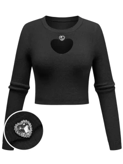 Online Retro Stage 1960s Rhinestones Heart Cutout Knitted Solid Sweater