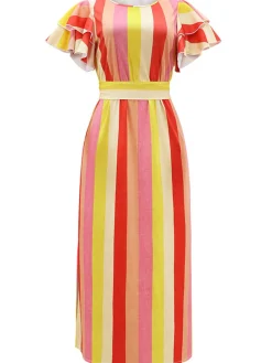 Online Retro Stage 1970s Roman Stripes Ruffle Sleeve Dress
