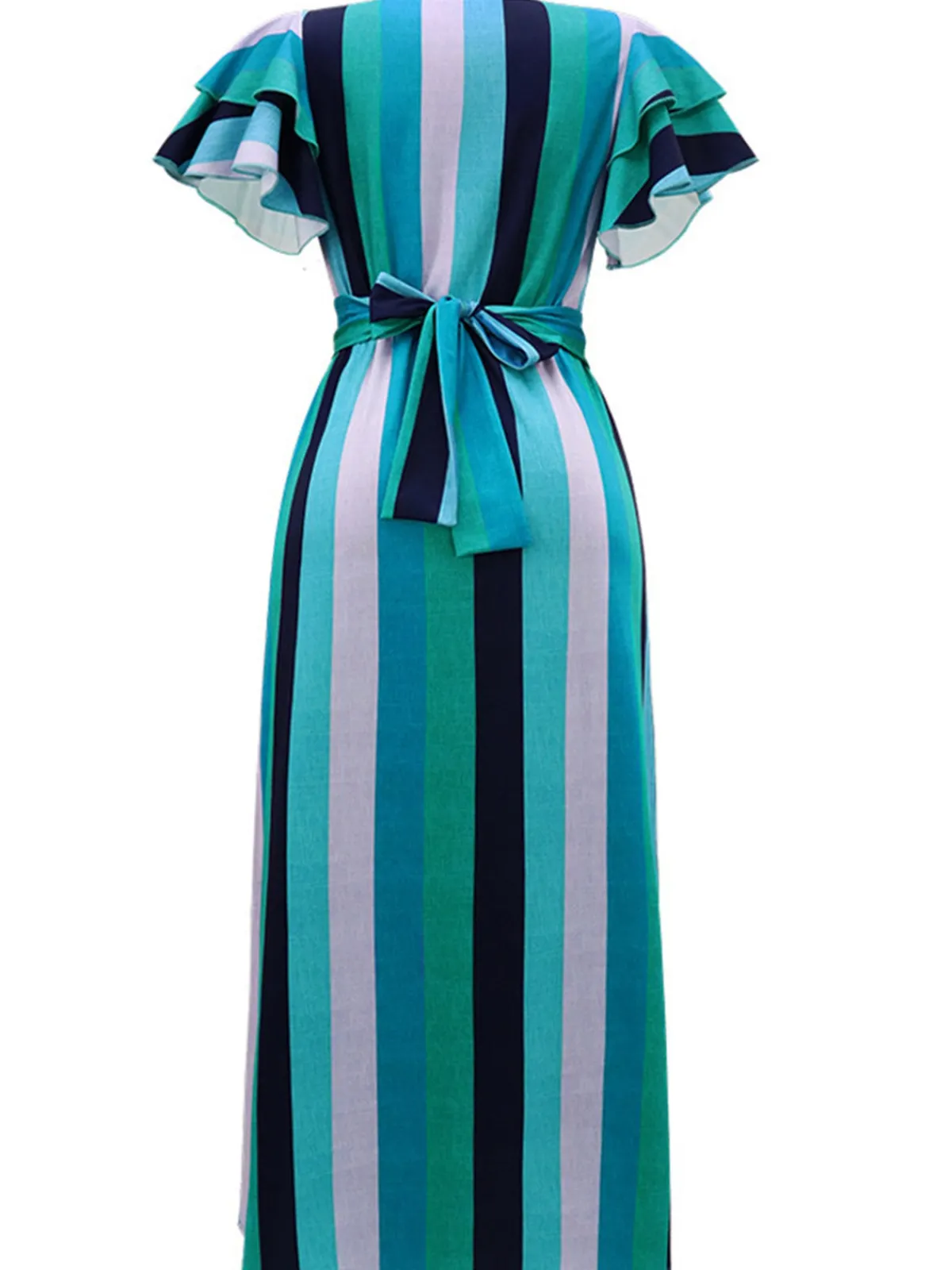 Online Retro Stage 1970s Roman Stripes Ruffle Sleeve Dress